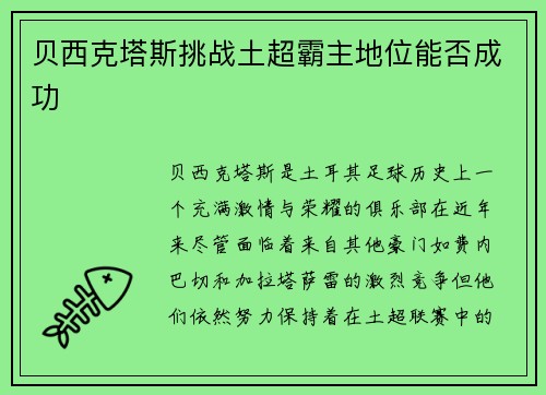 贝西克塔斯挑战土超霸主地位能否成功