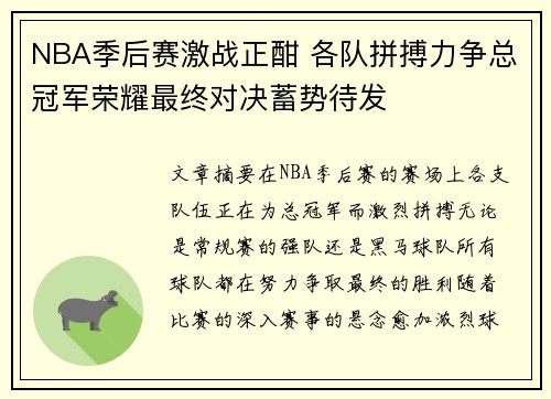NBA季后赛激战正酣 各队拼搏力争总冠军荣耀最终对决蓄势待发