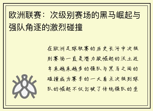 欧洲联赛：次级别赛场的黑马崛起与强队角逐的激烈碰撞