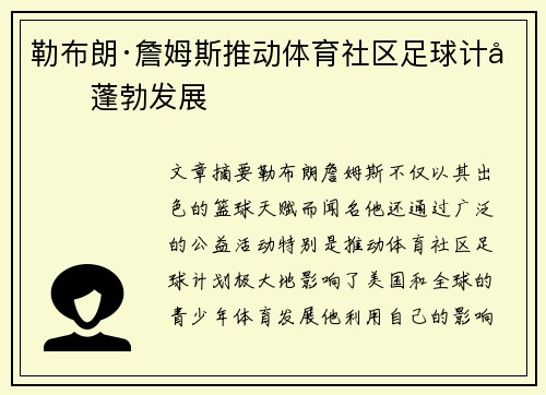 勒布朗·詹姆斯推动体育社区足球计划蓬勃发展