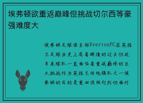 埃弗顿欲重返巅峰但挑战切尔西等豪强难度大
